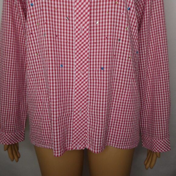 Quacker Factory Seersucker Tab Sleeve Blouse Plaid Rhinestones Sparkly Rainbow - Picture 6 of 11